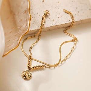 Double-layer 18K gold plated stainless steel bracelet with moon pendant and bead charms