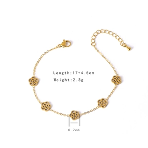 Elegant gold-plated stainless steel chain bracelet with five hollow camellia flower pendants