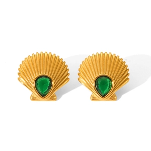 Detailed close-up of shell-shaped 18K gold-plated earrings with green zircon inlays