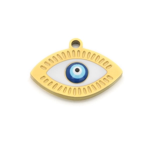 Gold stainless steel evil eye pendant with blue enamel and textured edges for DIY jewelry