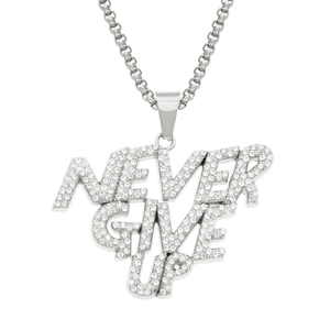 Close-up of silver-plated Never Give Up pendant necklace with shimmering clear rhinestones