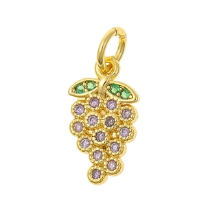 Elegant gold grape cluster pendant with purple and green stones on white background