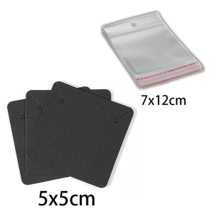 Close-up of 5x5cm black jewelry cards and 7x12cm clear self-adhesive bags for packaging