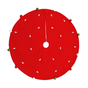 Jupe de sapin de Noël rouge avec motifs sapins blancs et franges à pompons colorés