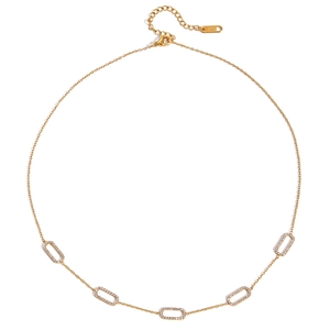 18K gold stainless steel necklace with diamond-encrusted oval pendant and rectangular links