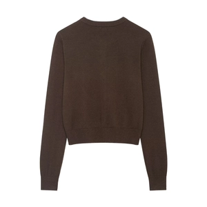Elegant dark brown knit cardigan with contrast trim and long sleeves for women