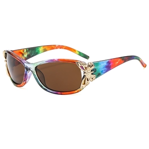 Chic butterfly-shaped wrap sunglasses with colorful graffiti frames and brown lenses