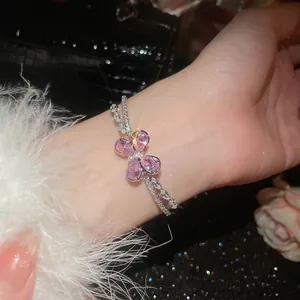 Sparkling zircon butterfly double-layered silver bracelet with pink teardrop crystals