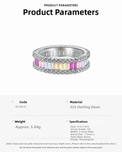 Detailed specs of S925 sterling silver rainbow zircon ring with 5A grade rectangular stones