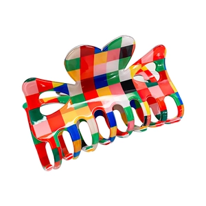 Large vintage checkerboard hair claw clip with vibrant colorful plaid pattern for women