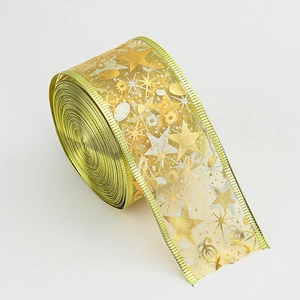 Golden Christmas mesh ribbon with five-pointed star pattern and shimmering gold wired edges
