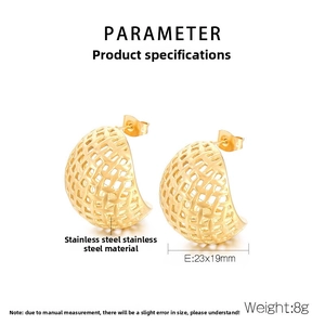 Detailed view of gold C-shape basket-weave earrings made of durable stainless steel