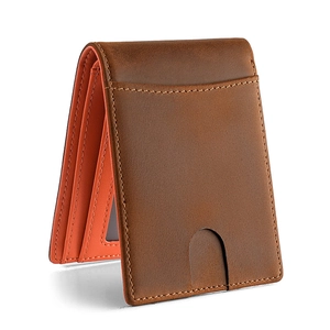 Vintage brown crazy horse leather bifold wallet with RFID protection and orange lining
