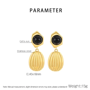 French style stainless steel earrings with cat eye stone and golden oval drops