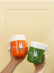 Close-up of dual-color Miffy thermal soup cups with portable handles and stainless steel lining