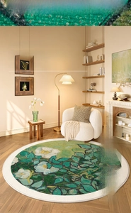 Detail of waterproof tech fiber round rug with oil painting floral pattern on wood floor