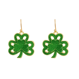 Sparkly green shamrock drop earrings with gold metal trim for St. Patrick's Day party