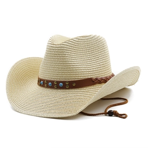 Classic straw cowboy hat with turquoise beads and adjustable wind rope on white background