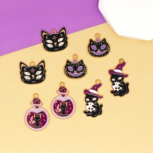 Set of 8 Halloween black cat enamel charms with witch hats and magic potion designs