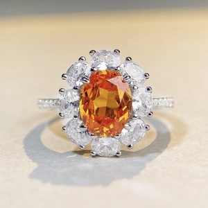 Luxury S925 sterling silver ring with large yellow oval stone and petal diamond halo