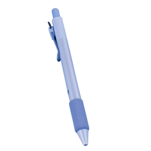 Light blue retractable gel pen with soft grip and portable clip on a white background