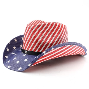 Western Panama cowboy hat with USA flag stars and stripes pattern and star buckle