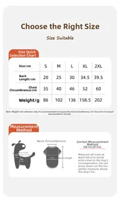 Detailed size guide for dog winter coat showing back length and chest girth measurements