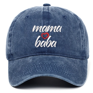 Classic navy washed denim baseball cap with mama baba embroidery and red heart