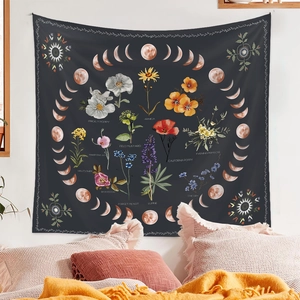 Detail of floral tapestry showing botanical names and moon phases on bedroom wall