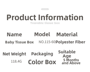Detailed technical specifications for polyester fiber baby tissue box toy, age 5 months plus