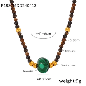 Detailed view of the bohemian natural stone beaded necklace with titanium steel and turquoise.