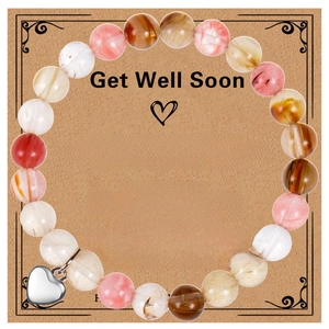 Detail of amethyst and agate bead bracelet with silver heart charm on Get Well Soon card