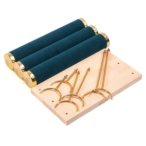 Golden 4-tier wooden jewelry stand for bracelets and watches with green velvet rolls