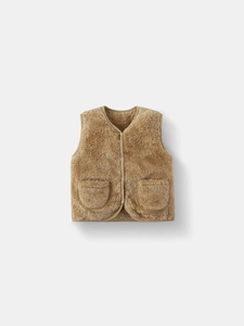 Gilet caldo in pile per bambini color cammello con scollo a V e bottoni a pressione