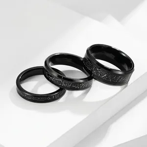 Black Tungsten Steel Ring For Men With Meteorite Texture High Polished Finish Industrial Viking Style Band Jewelry