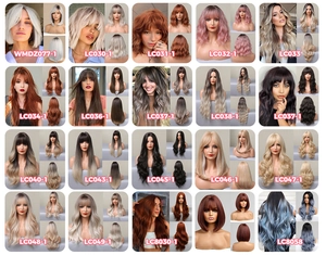 Collage of long wavy and bob wigs in various colors like pink, brown, and blonde ombre