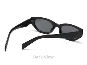 Detail view of cat eye sunglasses showing black frames and interior hinge specifications