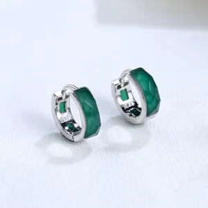 925 Sterling Silver Hoop Earrings Geometric Faceted Agate Blue Sandstone Minimalist Retro Style Jewelry For Women Men