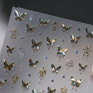 Holographic laser butterfly nail stickers with gold vintage stars and aurora effect