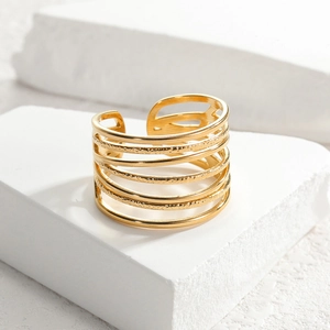 Minimalist 18K gold plated multi-layer wide band open ring with hammered texture
