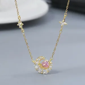Moon Heart Pendant Necklace Copper Gold Plated Pink Cubic Zirconia Star Romantic Sweet Clavicle Chain For Women