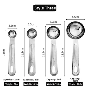 Detailed size chart for stainless steel measuring spoon set with four varied capacities