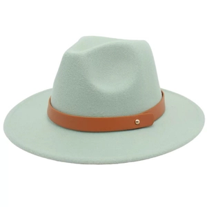Detail of mint green wool fedora hat featuring a brown belt with a gold metal stud