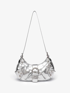 Silver metallic crescent shoulder bag with rivet accents and punk style studs