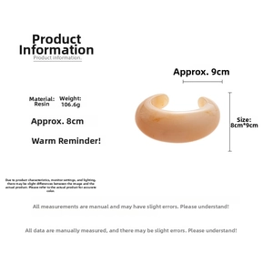 Detail showing dimensions of retro amber resin thick bangle with measurements and weight