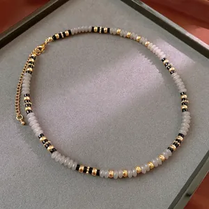 New Chinese style agate beaded necklace with grey stones and gold lobster clasp