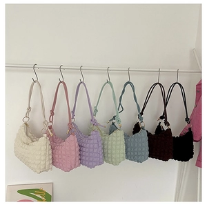 Women Bubble Texture Shoulder Bag Soft Pleated Nylon Underarm Purse Knotted Strap Fashion