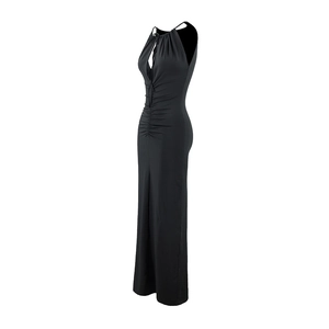 Side view detail of a black bodycon maxi dress with ruched waist and halter neck straps