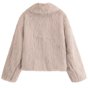 Back view of pink-brown faux fur jacket with fluffy lapel collar and warm texture