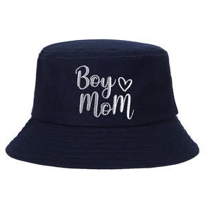 Navy blue cotton bucket hat featuring white Boy Mom embroidery with heart detail